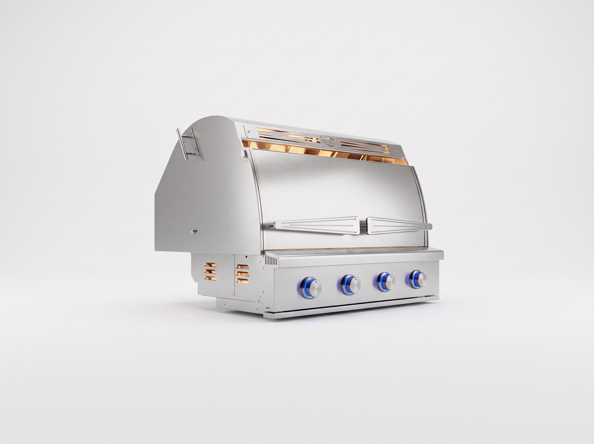JetKev grill, lid closed, three-quarter view with interior glow through the hood vents