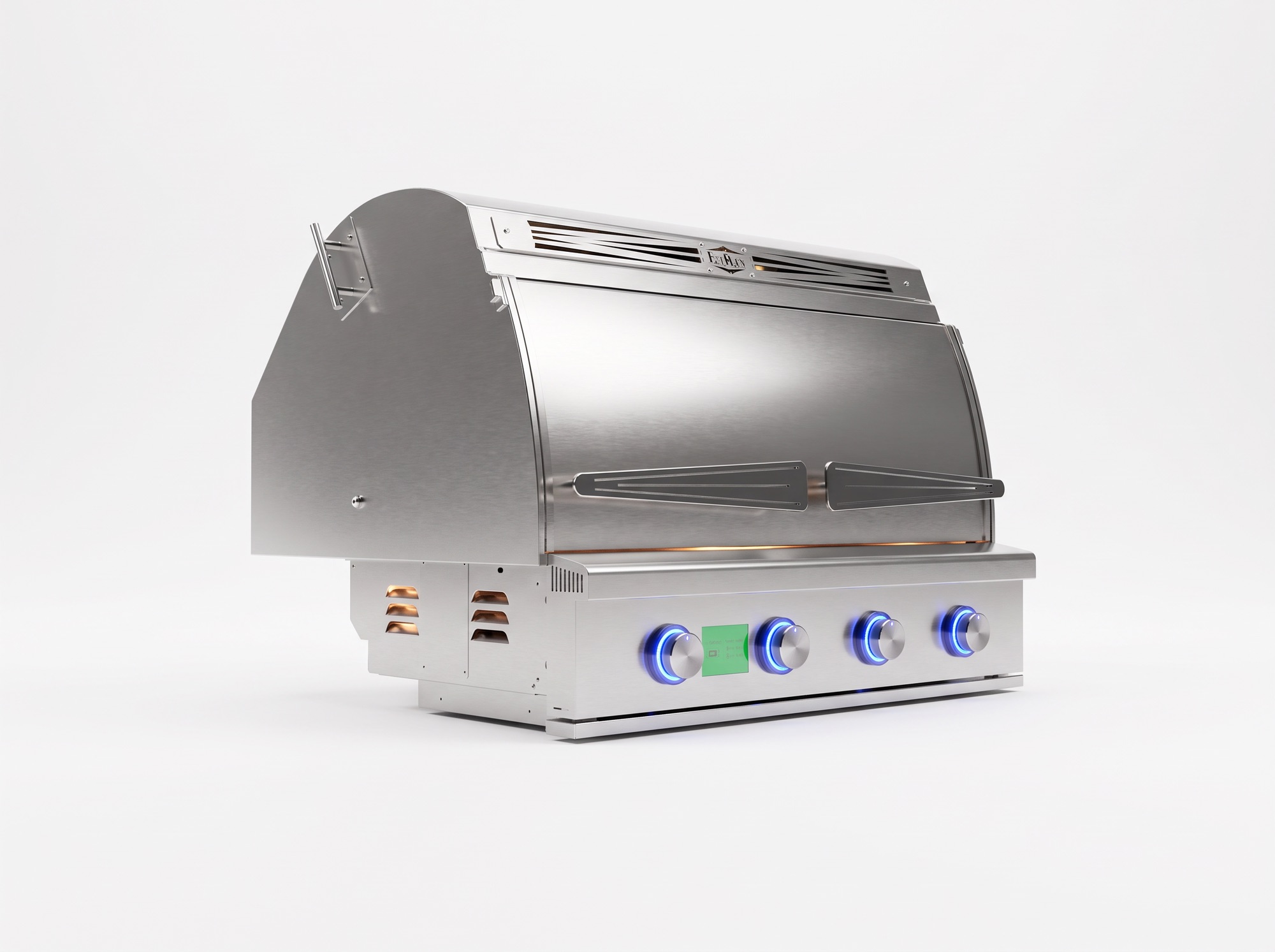 JetKev grill, lid closed, three-quarter view showing the vented hood and illuminated controls