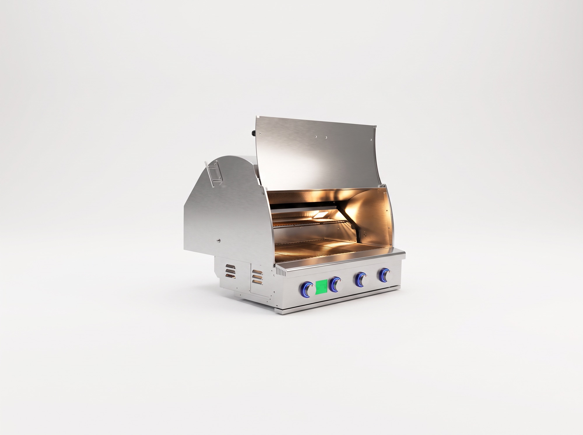JetKev grill, lid open, three-quarter view