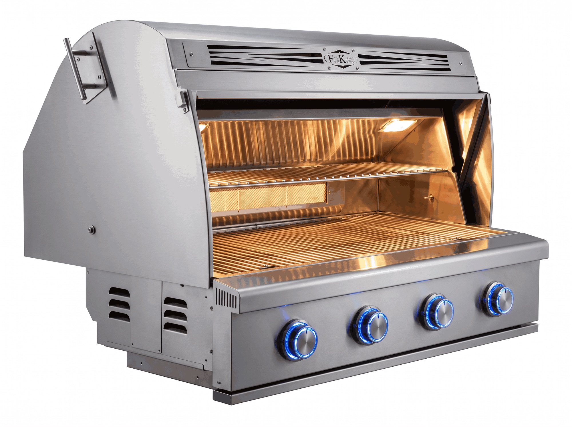 Close view of the JetKev grill interior, grates and blue-lit control knobs
