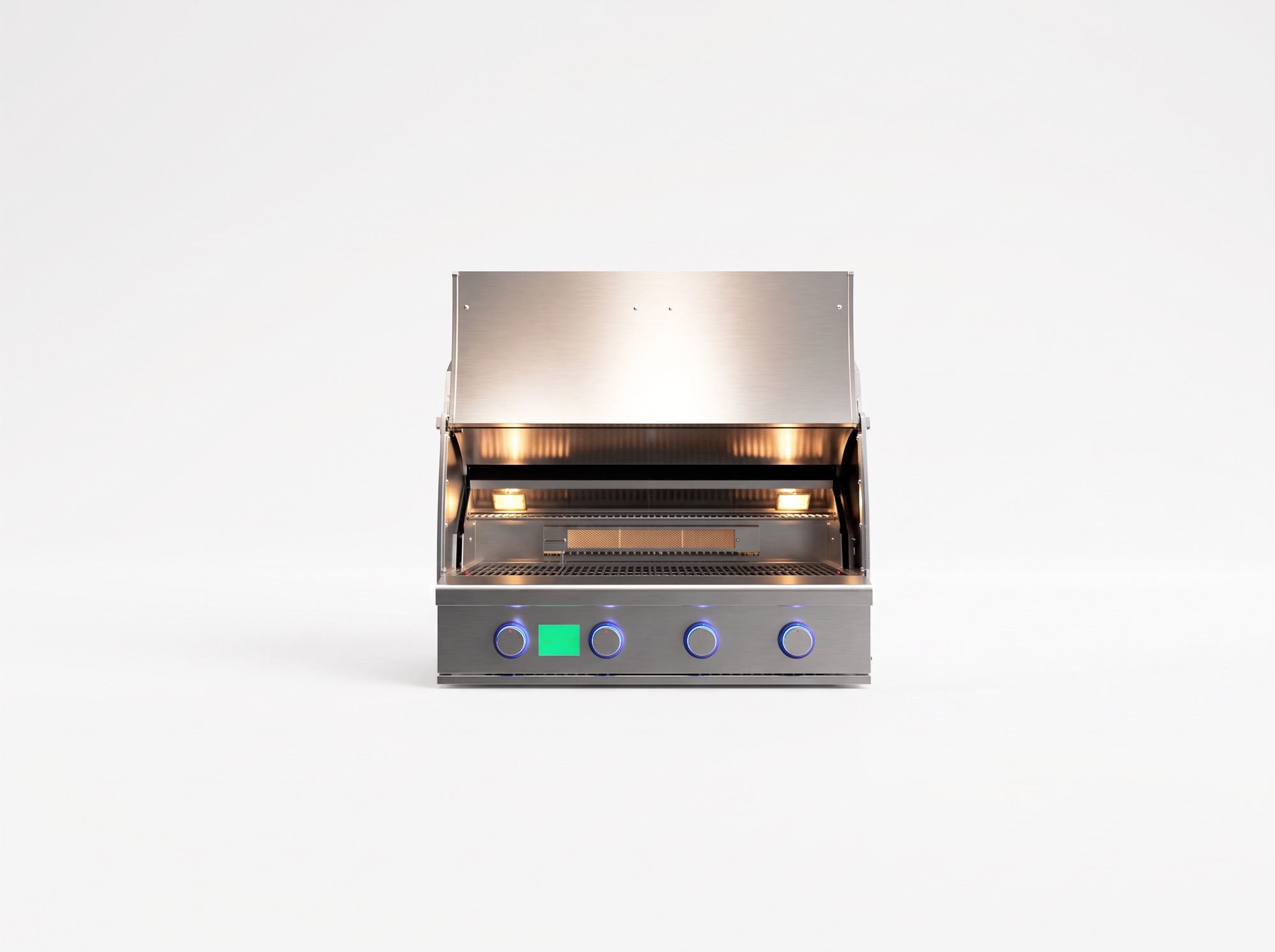 JetKev grill, lid open, front view showing the rear burner