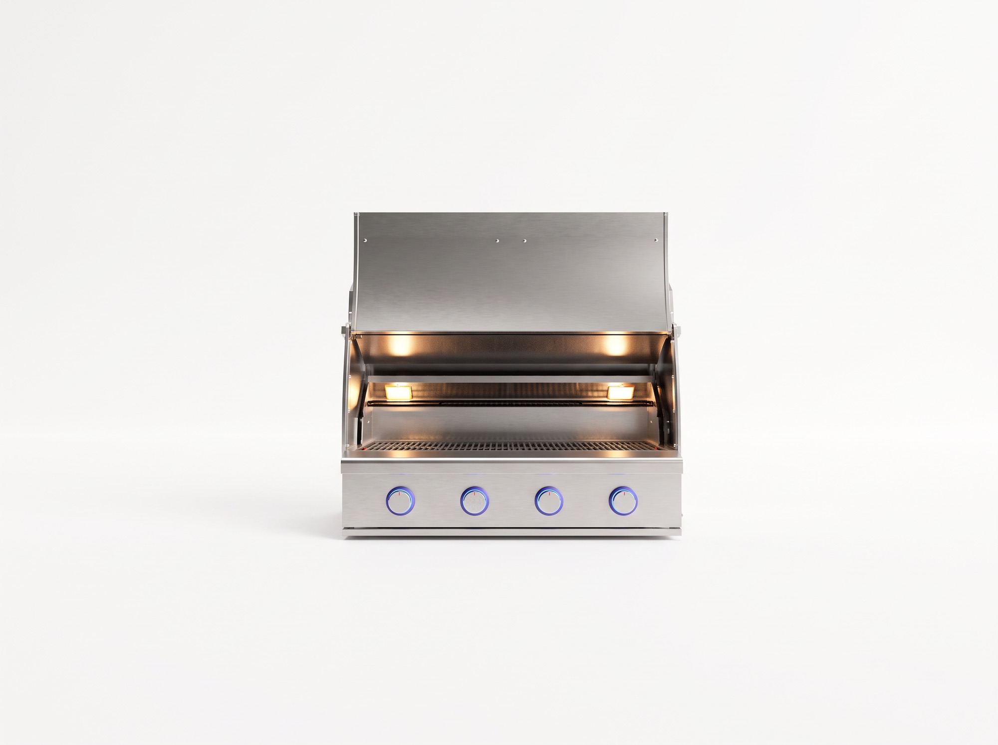 JetKev grill, lid open, front view with four illuminated knobs