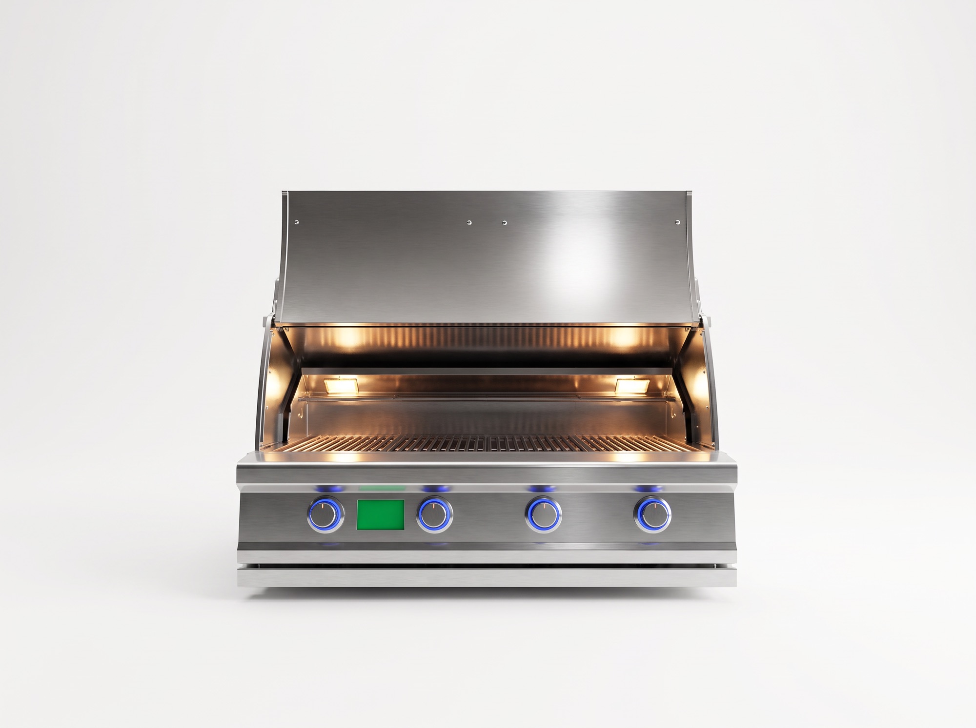 JetKev grill, lid open, front view with interior lights glowing